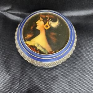 Victorian Portrait Trinket Box Metal And Enameled Gold Trim Velvet Interior 3.5”
